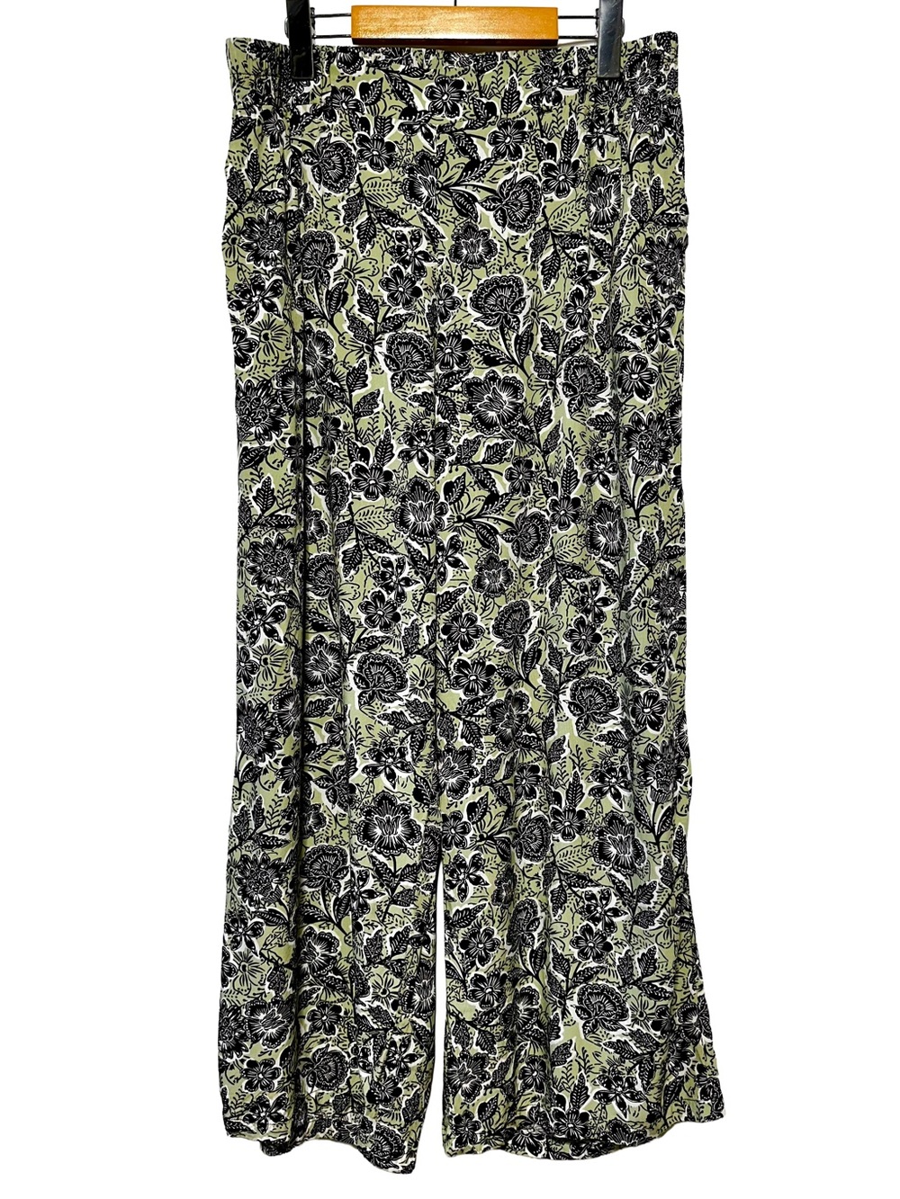Floral Wide Leg Palazzo Pants Sage Green Black Boho Cottagecore Pockets 14W